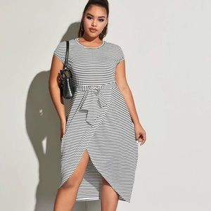 SHEIN Plus Tulip Hem Stripe Belted Dress